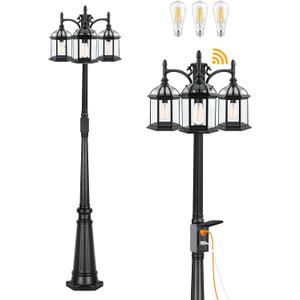 Dusk to Dawn Outdoor Lamp Post Light with GFCI Outlet, Triple Head Aluminum Street Light Post for Outside with Sensor, Waterproof Birdcage Pole Lighting Fixture for Backyard Garden Patio Driveway