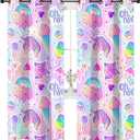 Rainbow Colorful Unicorn Curtains for Kid Living Room, Cream Bat Rose Solid Thermal Insulated Grommet Drapes, Room Darkening Window Curtain Panels(Set of 2, 52x96 Inch), XX240112005-DCL2-5296