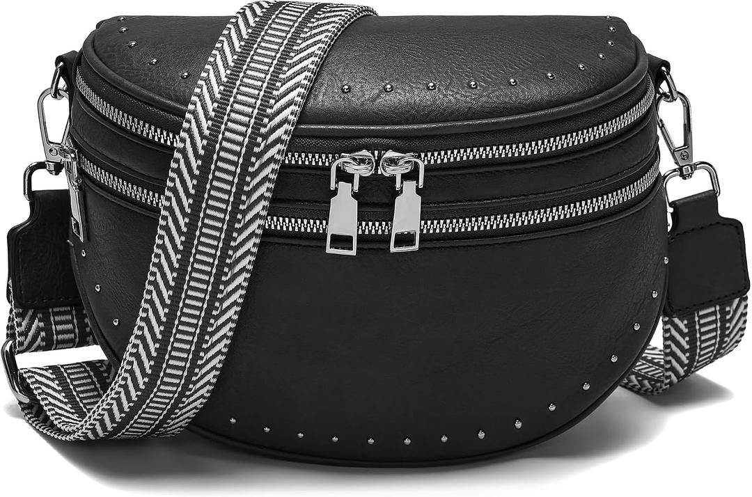 Medium Bum Bags for Women Crossbody PU Leather Womens Fanny Pack Purse Checkered Crossbody bag Belt Purse Black