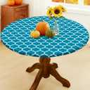 Smiry Round Picnic Tablecloth, Waterproof Elastic Fitted Table Covers for 36" - 44" Tables, Wipeable Flannel Backed Vinyl Tablecloths for Camping, Indoor, Outdoor, Turquoise & White