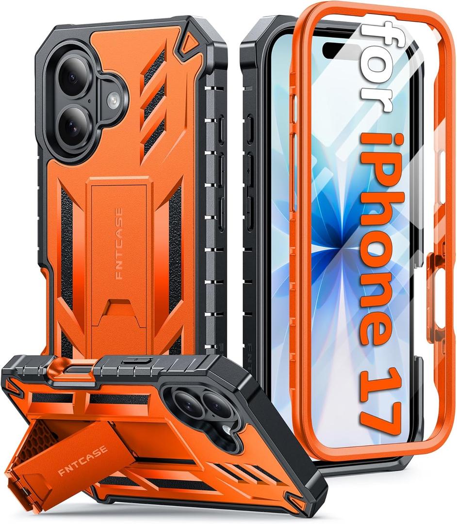 FNTCASE for iPhone 17 Phone Case: Military Grade Drop Proof Protection Mobile Cover with Kickstand | Matte Textured Rugged Shockproof TPU | Protective Sturdy Phone Case - 6.3 inch Orange