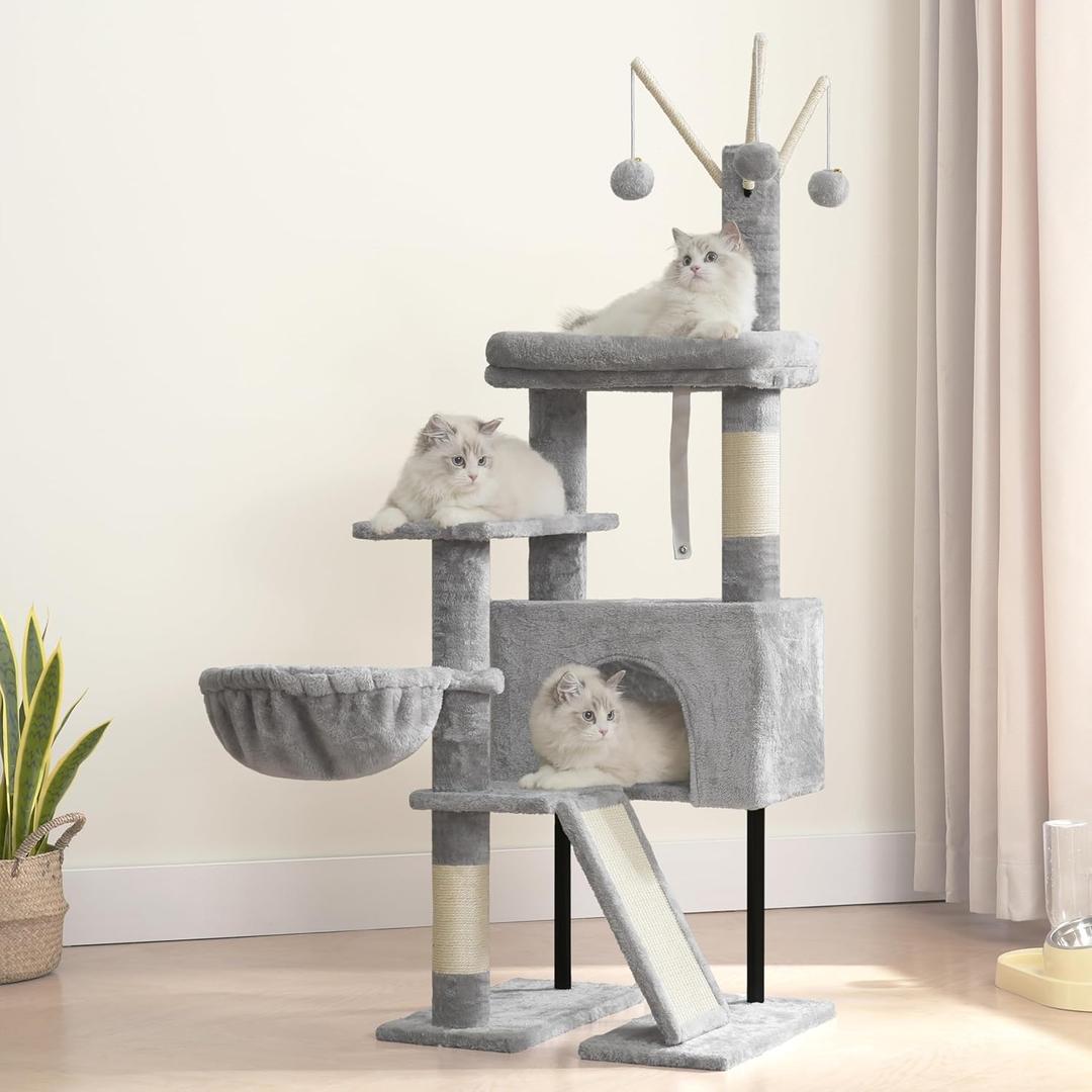 Cat Tree for Indoor Cats, Cat Tower with Scratching Post for Small Cats and Kittens, Cat House with Removable Top Platform and Fluffy Balls, Hanging Cat Basket, Light Gray GCT006SW (49.2 inches)