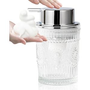 Small Foaming Soap Dispenser, 7 Oz Clear Glass Foam Hand Soap Dispenser for Bathroom, Hand Wash Dispenser with Silver Foam Pump, Refillable Liquid Dish Soap Foam Dispenser for Kitchen