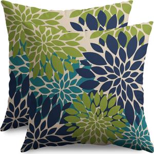 Navy Blue Green Teal Pillow Covers 16X16 Inch Set of 2, Modern Geometry Dahlia Floral Print Decorative Throw Pillow Covers Outdoor Farmhouse Cushion Case for Home Couch Sofa Bed Decoration