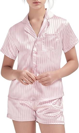 EXARUS 4 Piece Girls Satin Shorts Set Silky Short Sleeve Button with Pockets Summer Outfits for Kids 8-14Y