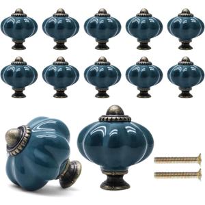 12 Pack Teal Pumpkin Knobs Ceramic Cabinet Knobs Retro Dresser Knob Vintage Drawer Pulls for Vanity, Closet