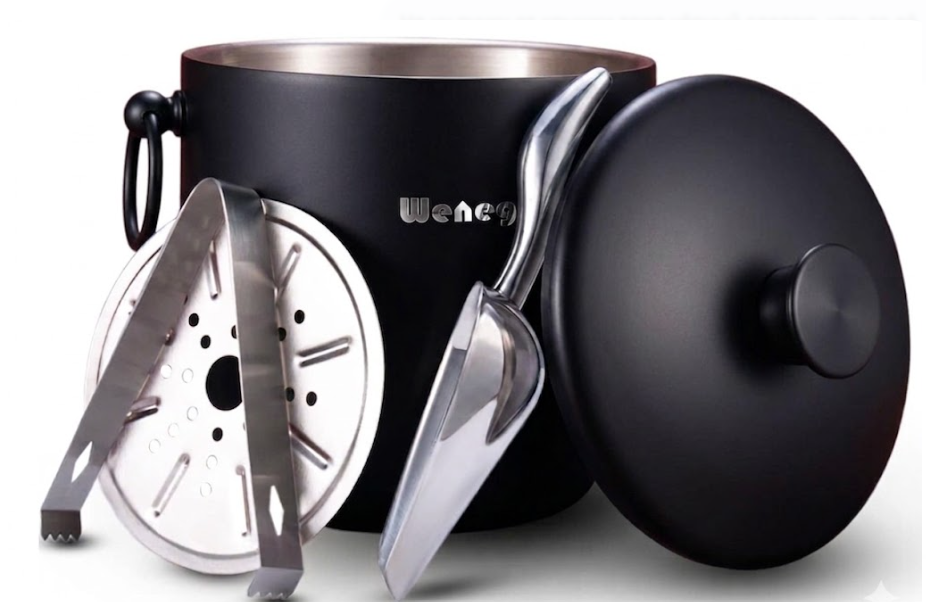 wenegg Ice Bucket with Lid, Scoop, Tongs and Strainer - Well Made Insulated Stainless Steel Keep Ice Frozen Longer - Ideal for Cocktail Bar, Parties, Chilling Wine, Champagne - 3 Liter  (Black)