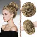FESHFEN Large Messy Bun Hair Piece - Wavy Synthetic Chignon Scrunchies Elastic Ponytail Hair Extensions Thick Hairpieces for Women, Ash Brown & Blonde 1.94oz