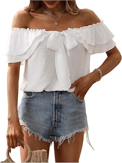 SweatyRocks Women's Off Shoulder Ruffle Trim Knot Front Blouse Tiered Layer Butterfly Short Sleeve Chiffon Tops Summer S