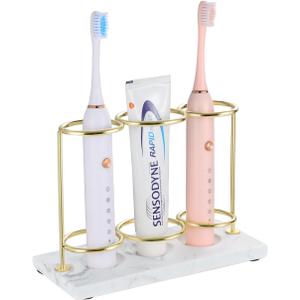 Electric Toothbrush Holder, 3 Slots 2-Layer Resin Electric Toothbrush Holder Bathroom Toothpaste Razor Storage Non-slip Organizer for Bathroom Toothbrush Toothpaste Cleanser, Gold Marble White