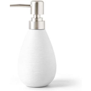 Durable Ceramic Soap Dispenser with Stainless Steel Pump Non-Slip Matte Finish, 350ml Refillable Bottle with Funnel for Bathroom, Kitchen, Shower, or Sink (White-Short)