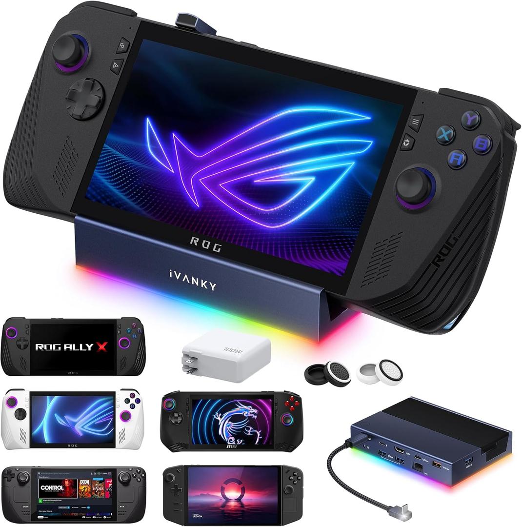 iVANKY 14-in-1 RGB 4K@120Hz Docking Station with 100W PD Charger for Steam Deck OLED/ROG Xbox Ally X/Legion Go, Foldable Dock with HDMI Gigabit Ethernet 10Gbps USB 3.2, SD/TF Slots, 1Gbps Ethernet