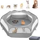 2-in-1 Small Animals Playpen with Pad, Waterproof Small Pet Cage Tent with Reusable Pad, Portable Outdoor Yard Fence with 3 Metal Rod for Chick/Kitten/Puppy/Guinea Pig/Rabbits/Chinchillas, Gray