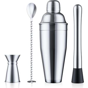 24oz Cocktail Shaker Set - Martini Shaker w Built-in Drink Shaker Strainer, Muddler, Jigger, Mixing Spoon, Recipe Book for Bartending - Bar Shaker/Alcohol Shaker