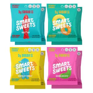 SmartSweets Variety Pack, Gluten Free Gummies, Plant Based Snacks for Adults & Kids, Chewy Candy, Low Sugar, Includes Sweet Fish, Sourmelon Bites, Peach Rings & Sour Blast Buddies, 50g Bags, 8 Pack, Expiry: 02/13/27