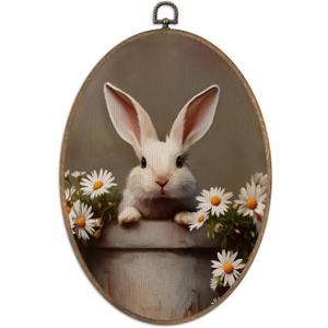 SHQIEUDH Vintage Bunny Oval Wall Art 8.6x11.4, Cottagecore Farmhouse Bunny floral Framed Canvas Prints Artwork, Rustic Rabbit Oval Wall Hanging Decor for Living Room Home Bedroom Kitchen