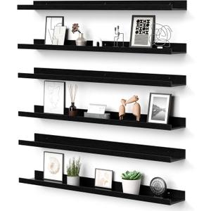 upsimples Floating Shelves for Wall, 35.5 Inch Shelves for Decor Storage Set of 6, Wall Mounted Wood Shelf for Bedroom, Living Room, Bathroom, Kitchen, Long Picture Ledge Shelves, Black
