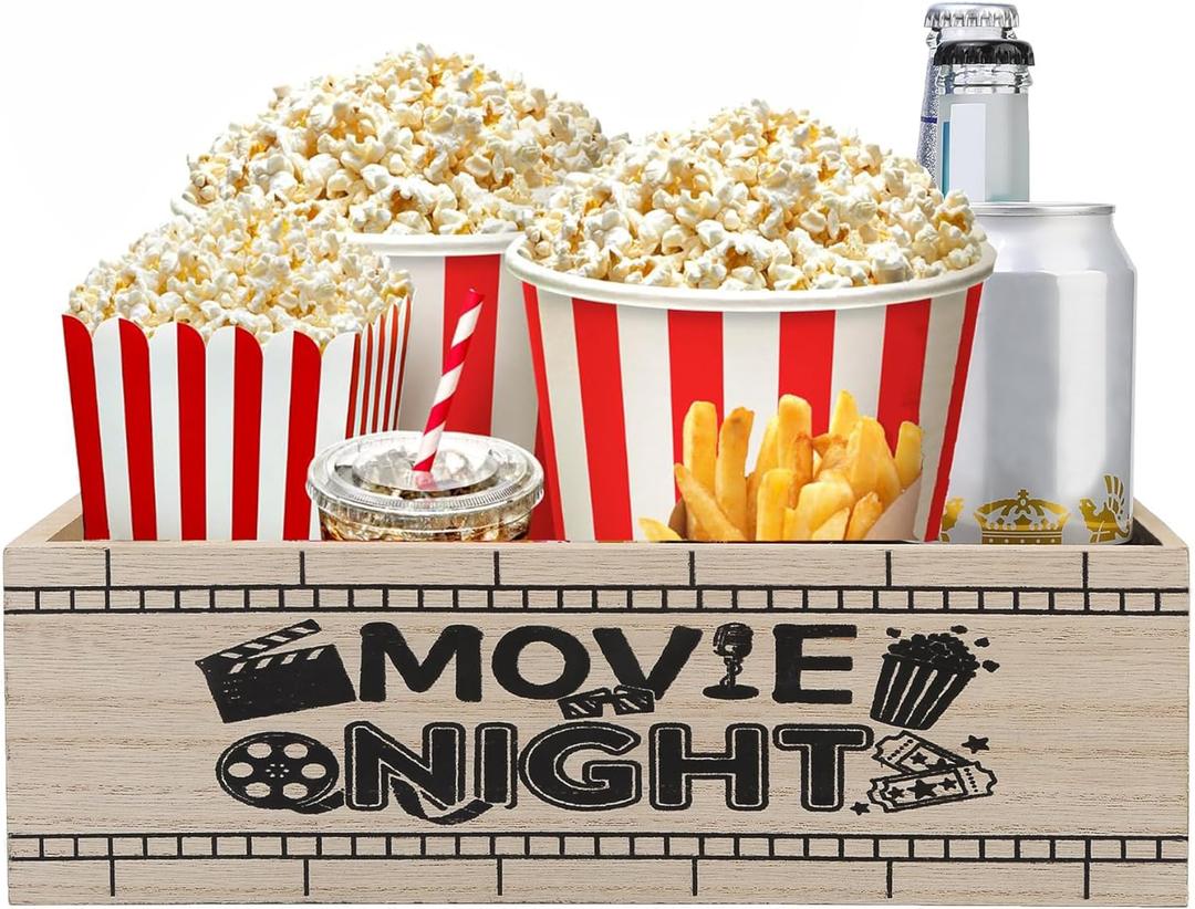 Wooden Movie Night Snack Tray with Handles  Reusable Popcorn Bucket Organizer for Theater Room Decor  Sturdy Gift Basket for Family Movie Nights & Holiday Parties (Movie Night)