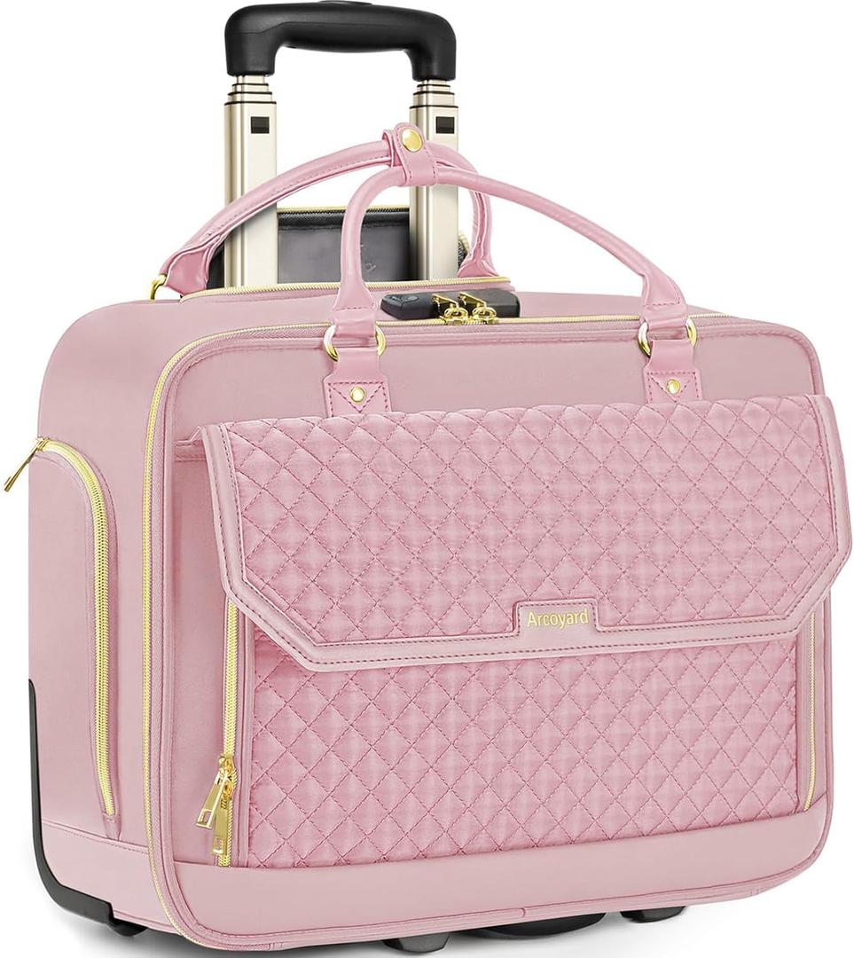 Rolling Laptop Bag Women, Rolling Briefcase for Women for Work, 17 Inch Computer Bag with Wheels, Fashion Flap Laptop Bag With Wheels for Work Business, for Teacher, TSA Friendly Design, Pink (Diamond Pink / Gold Telescopic Handle)