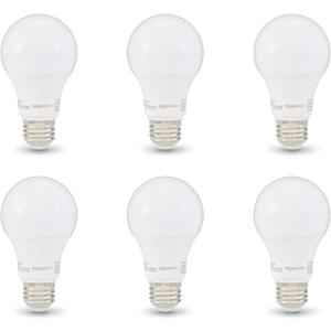 Amazon Basics Non-Dimmable LED Light Bulbs, Great Brightness, 40W Equivalent, 6W, E26 Standard Base, 2700K, 10,000 Hour Lifetime, Soft White A19, 6-Pack