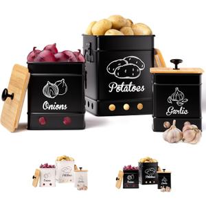 Potato Onion Garlic Storage Set of 3 Ventilated Iron Canisters with Bamboo Lids - Potato and Onion Storage Bin for Pantry - Kitchen Vegetable Storage Containers - Cute Metal Vegetable Bin Set of 3