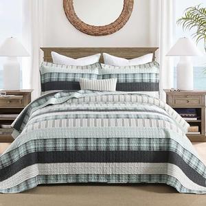 Homzard King Comforter，Cotton King Size Quilt，Teal Black Beige Bedding Set，Plaid Striped Bedspread，Lightweight Reversible Coverlet All Season 3 Pieces