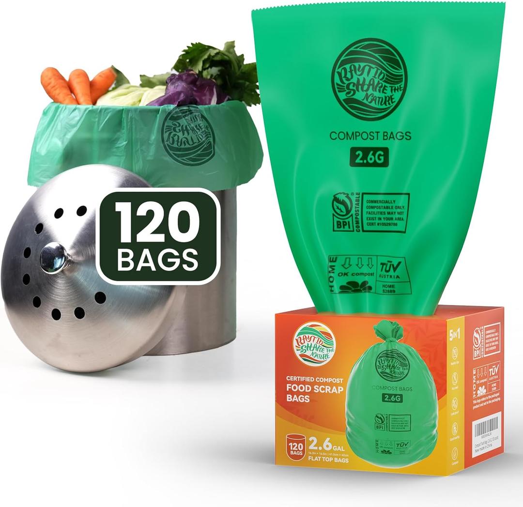 RAYTID Compostable Bags 2.6 Gallon Compost Bags for Kitchen Countertop Bin 1.3,2,3, Gallon, 120 Count, Small Kitchen Food Scrap Waste Bags, ASSTM D6400, US BPI & Europe OK Compost Home Certified