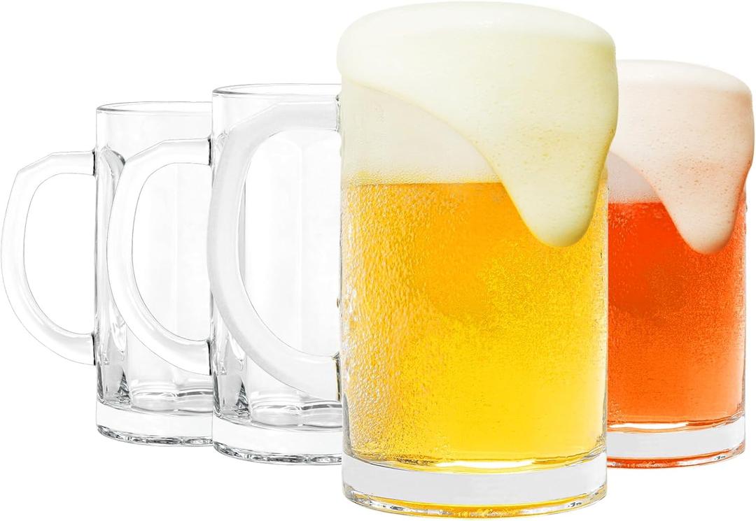4 Pack Heavy-Duty Glass Mugs - 16oz Beer Glasses, Large with Handle, Freezer Safe, Classic Beer Mug Set for Bar & Beverages