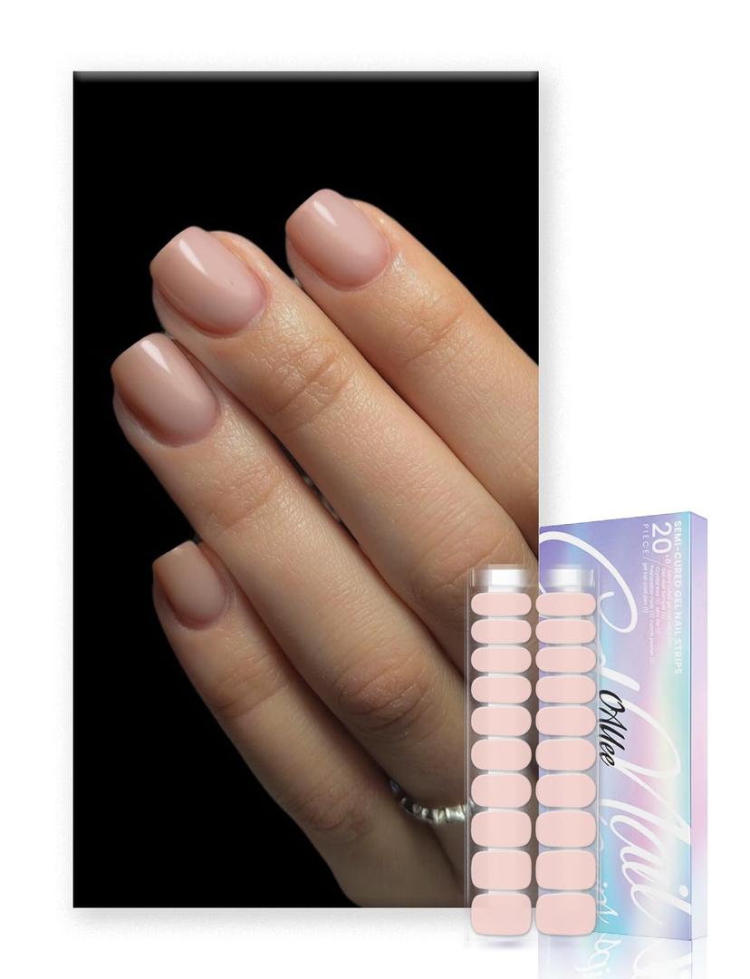 Semi Cured Gel Nail Strips | Built-In Gel Top Coat | UV Light Required | Salon Quality, Easy Application And Removal (Soft lvory Pink)