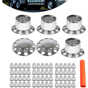 Front and Rear Wheel Axle Cover Center Caps Hub Cover Chrome Semi Truck with 33mm Lug Nut Covers Screw-on