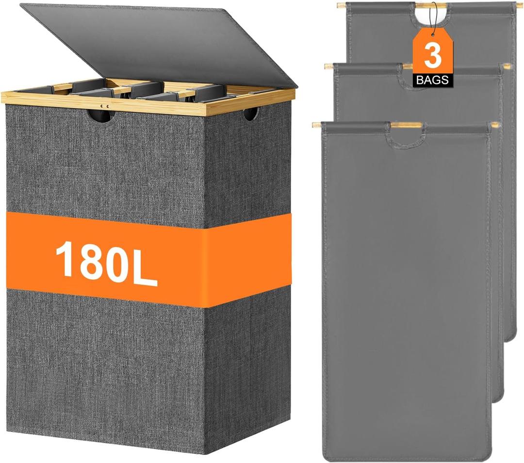 WOWLIVE 180L Laundry Hamper 3 Section, Bamboo Laundry Basket with lid, Extra Large Dirty Clothes Hamper with Removable Laundry Bags, Laundry Bin Organizer Storage for Dorm Bedroom Bathroom, Gray