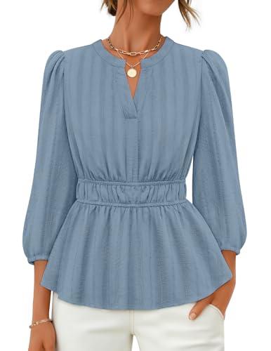 ZESICA Women's 2026 Fall Babydoll Peplum Tops V Neck Puff 3/4 Length Sleeve Shirts Dressy Casual Blouses,Dusty Blue,Medium