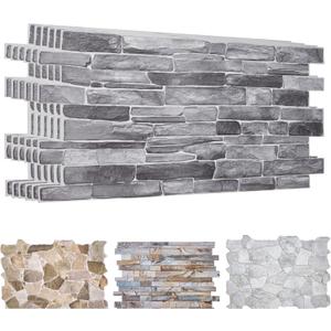 3D Artificial Stone Wall Panels 37.8x18.9 - 10 Sheets, Covers 4.6 sqm / 49.6 sq ft - Decorative PVC Slate Wall Panels for Cladding - Kitchen, Living Room, Bedroom, Office - Natural Grey Rock Stone