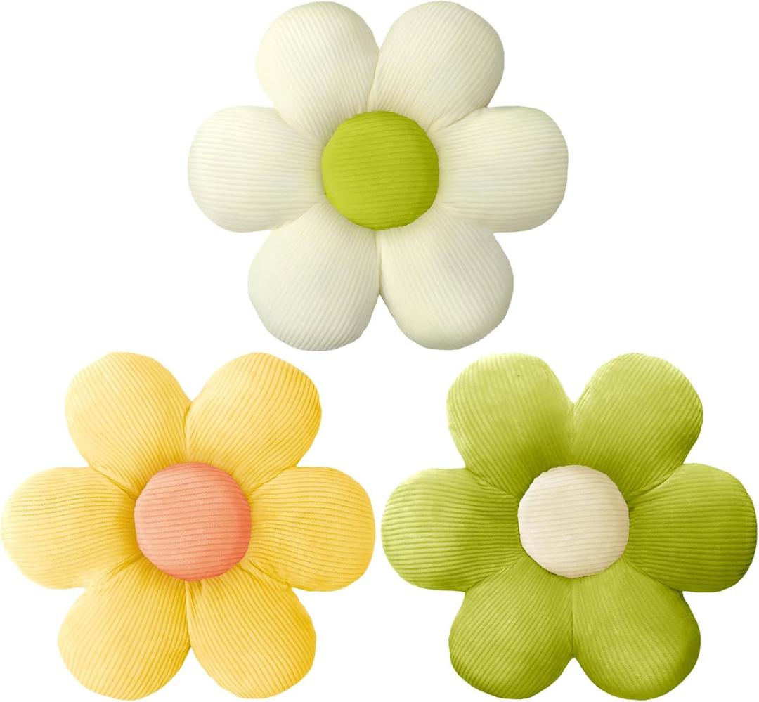 Sratte 3 Pcs Flower Pillows Flower Shaped Throw Pillow Cute Daisy Pillow Seating Cushions for Adults Home Bedroom Sofa Chair Couch Decor(Green, Yellow, White,20")