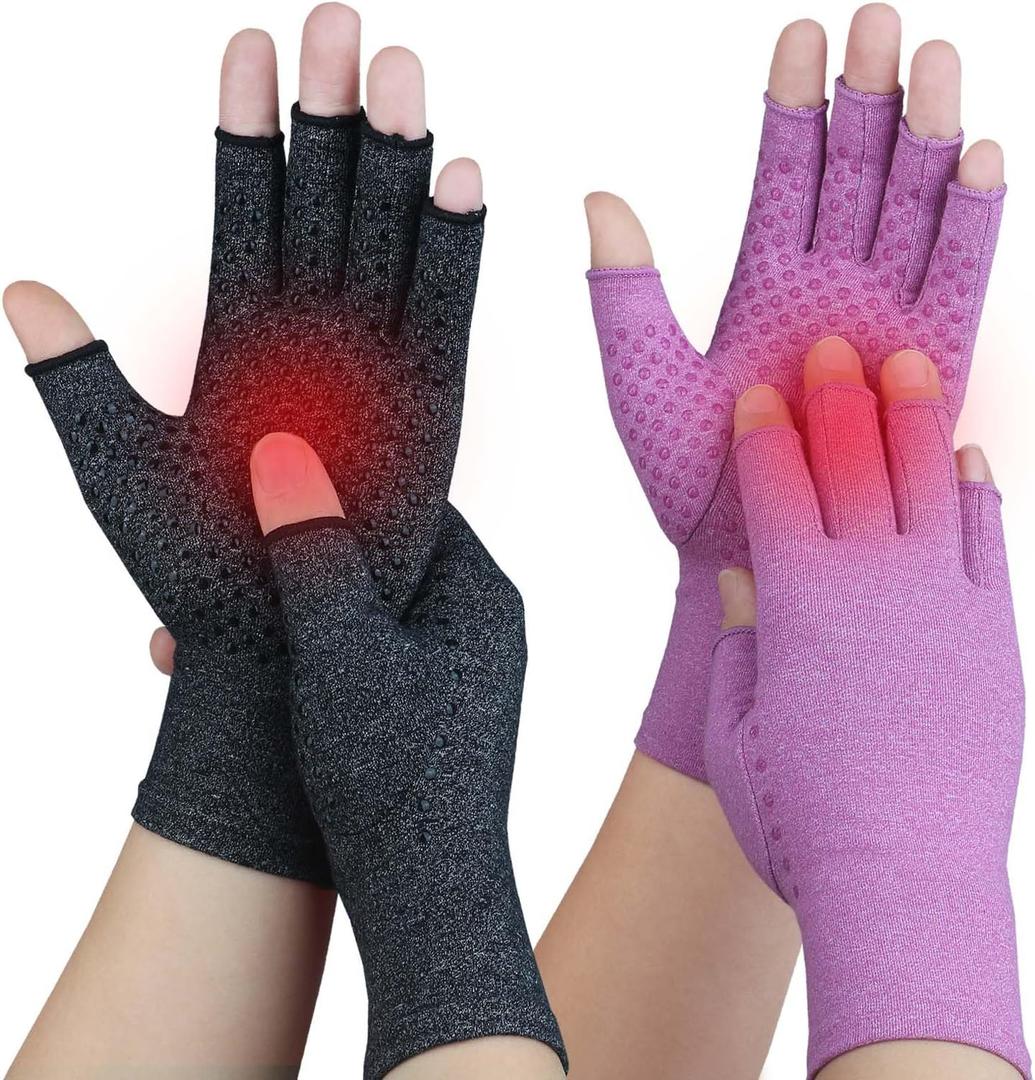 2 Pairs Arthritis Gloves for Pain Relief, Compression Gloves for Arthritis, Carpal Tunnel, Osteoarthritis, Joint, Typing, Driving, Fingerless Hand Gloves for Women Men (Black1+Purple1, Medium)
