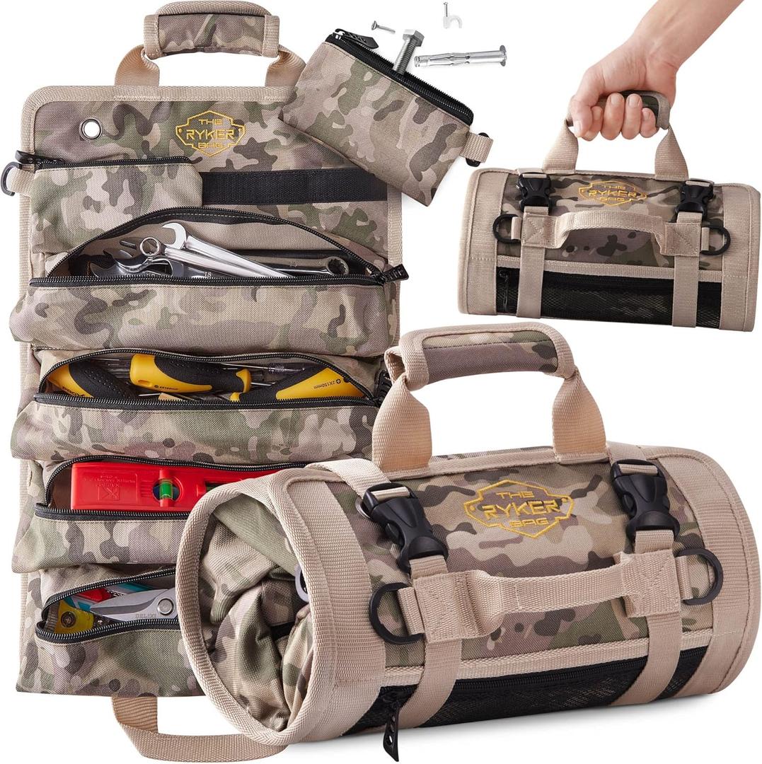 The Ryker Roll Up Tool Bag Organizer Gifts for Dad. Heavy Duty Motorcycle Tool Roll Bag Organizer. Portable Rollup Toolbag w/Detachable Pouches - Tools Bags Mens gifts for him/Mechanic - Camouflage