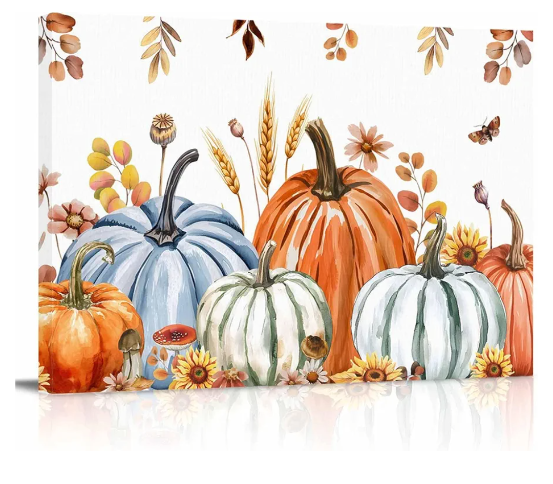 Fall Orange Blue Pumpkin Canvas Print Wall Art Brown Leaves Butterfly Botanical Thanksgiving Harvest Wall Decor Modern Artwork Paintings for Living Room Stretched and Framed Ready to Hang 16" x 24"