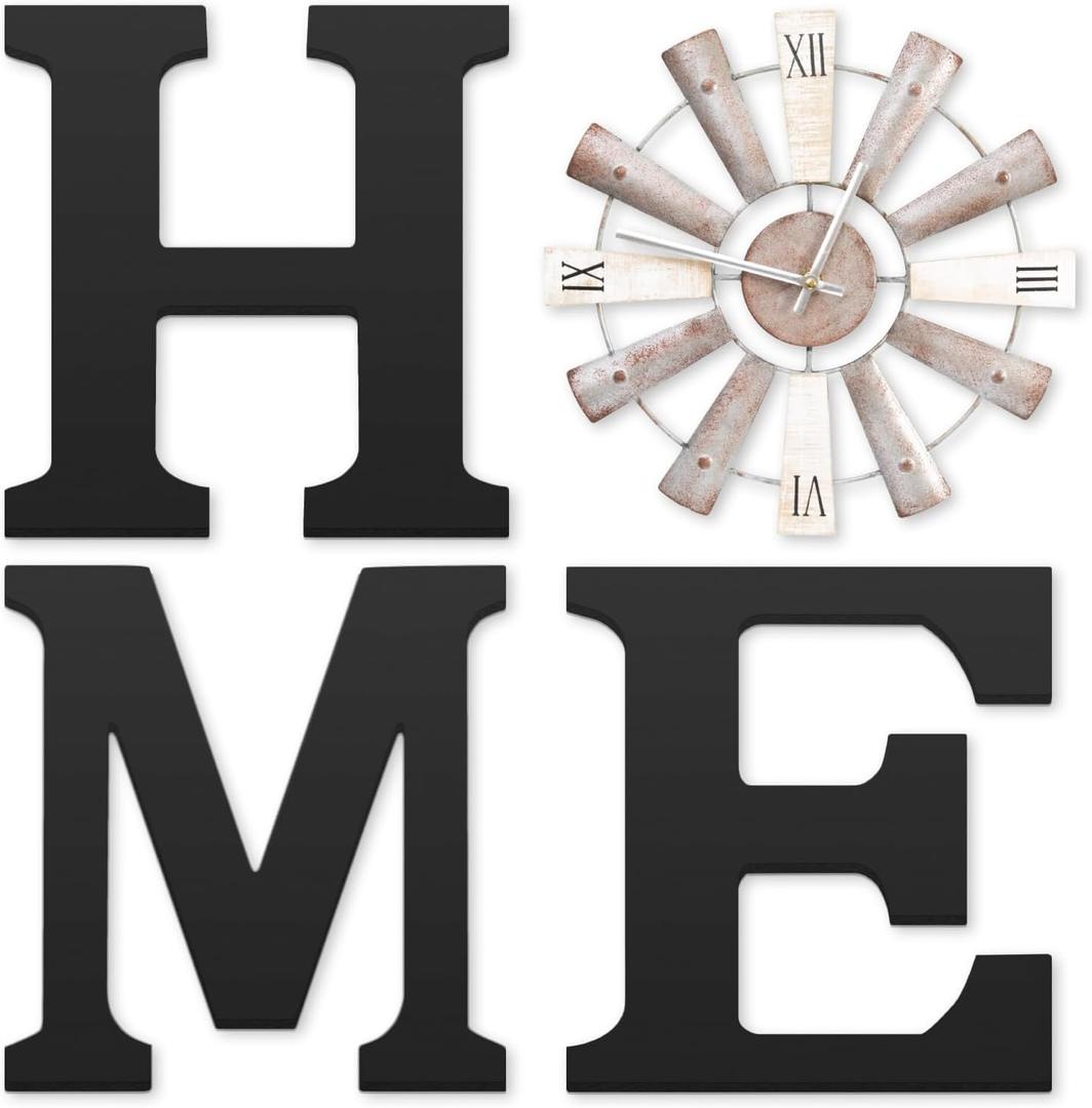 Farmhouse Home Signs with Windmill Clock Wall Decor Rustic Home Letters Wall Art for Living Room Kitchen Entryway Dining Room Bedroom (Black)
