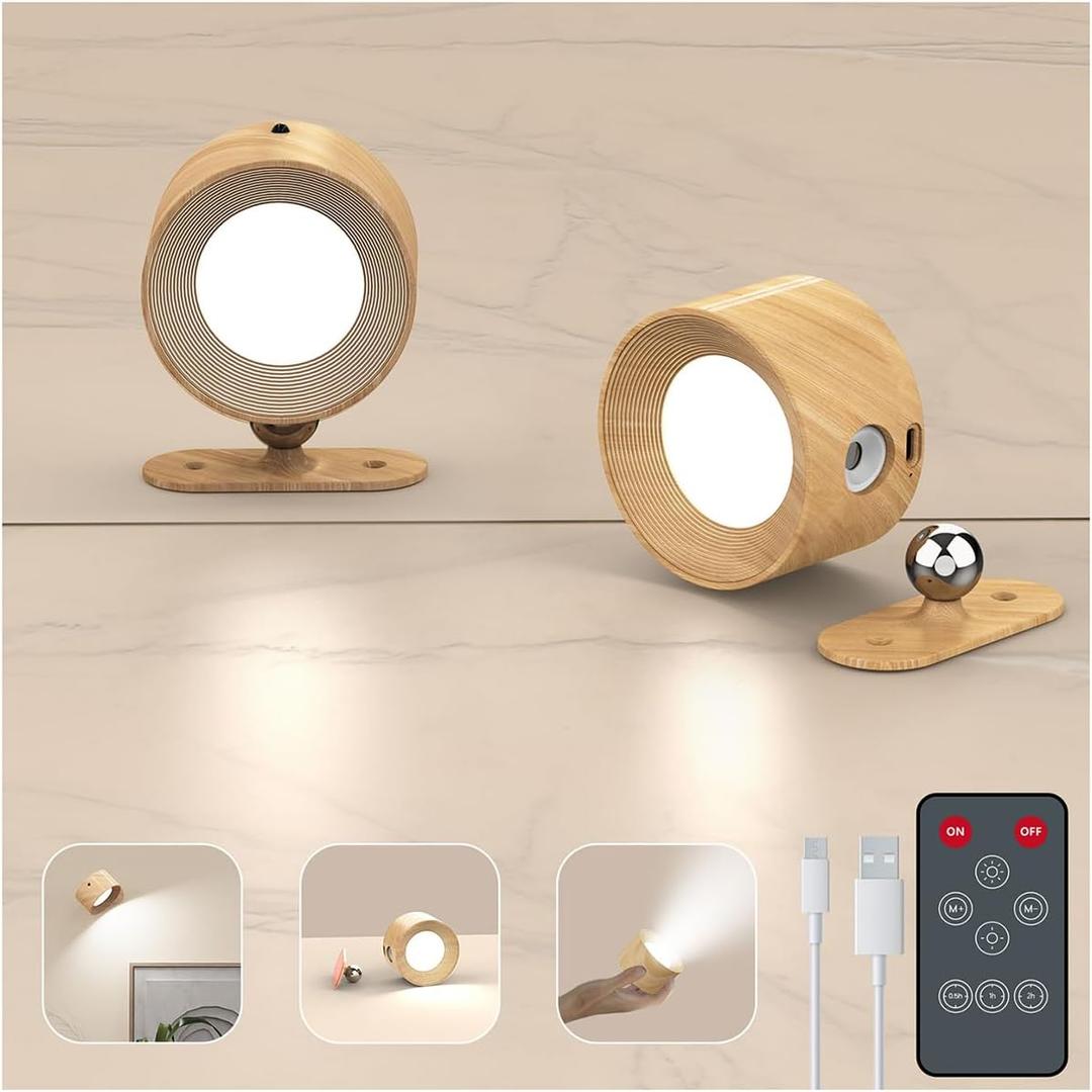 Deyagoo 2PACK LED Wall Sconce - Rechargeable Cordless Wall Light, 3 Colors & 3 Brightness Levels, 360 Magnetic Rotating Head, Bedside Reading Lamp, Easy Install Battery Operated Lamp Wood