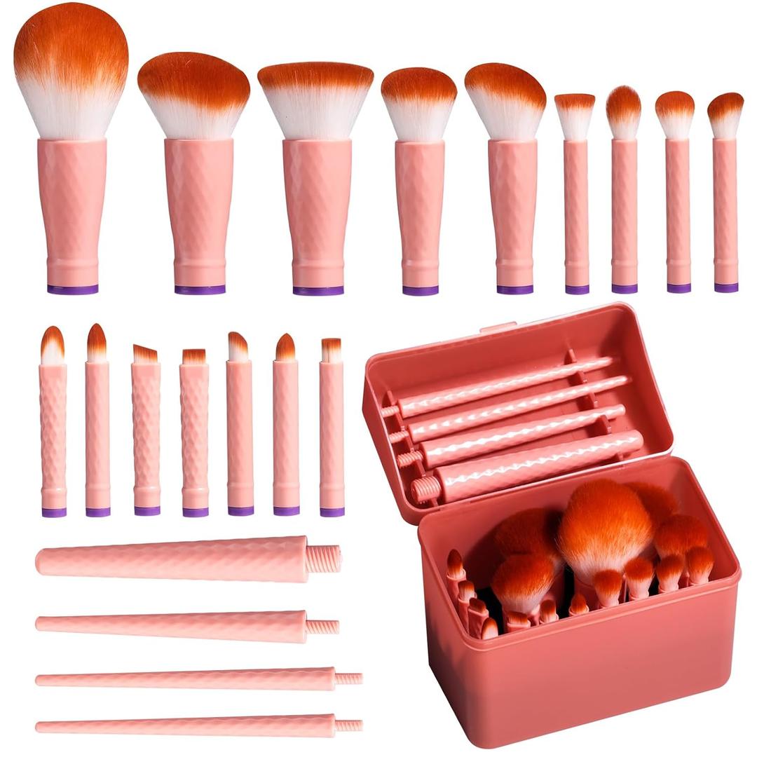 BS-MALL Travel Makeup Brushes Professional and Durable 16-Piece Set Detachable Rotating Handles, Eco-Friendly Design, Comes with Storage Barrel (Orange Case)