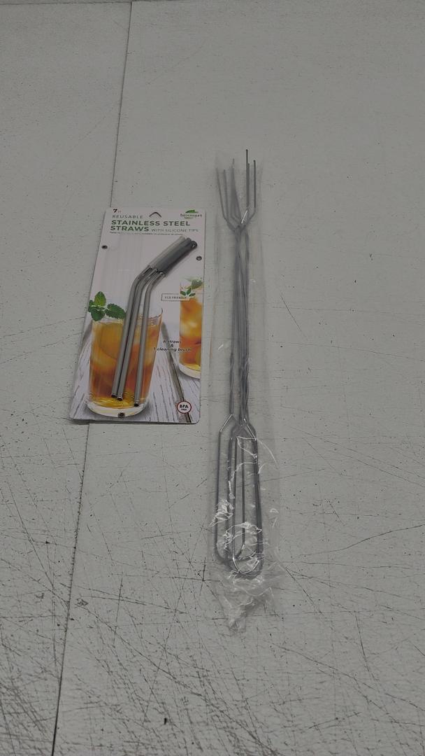 Set of 2: Stansport Steel Toaster Forks-4/Pkg + Biosmart Reusable With Silicone Tips Stainless Steel Straws
