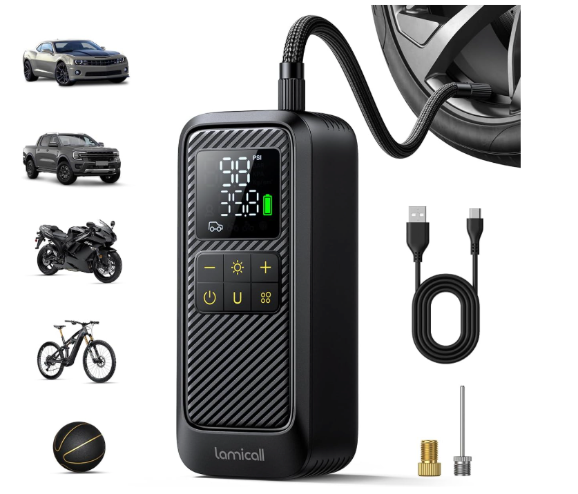 Tire Inflator Portable Air Compressor - Lamicall [5X Faster][150 PSI] Rechargeable Car Air Pump, Digital Pressure Gauge, LED Light, Cordless Pump Valentine's Day Gifts for Car, Bike, Motorcycle, Ball