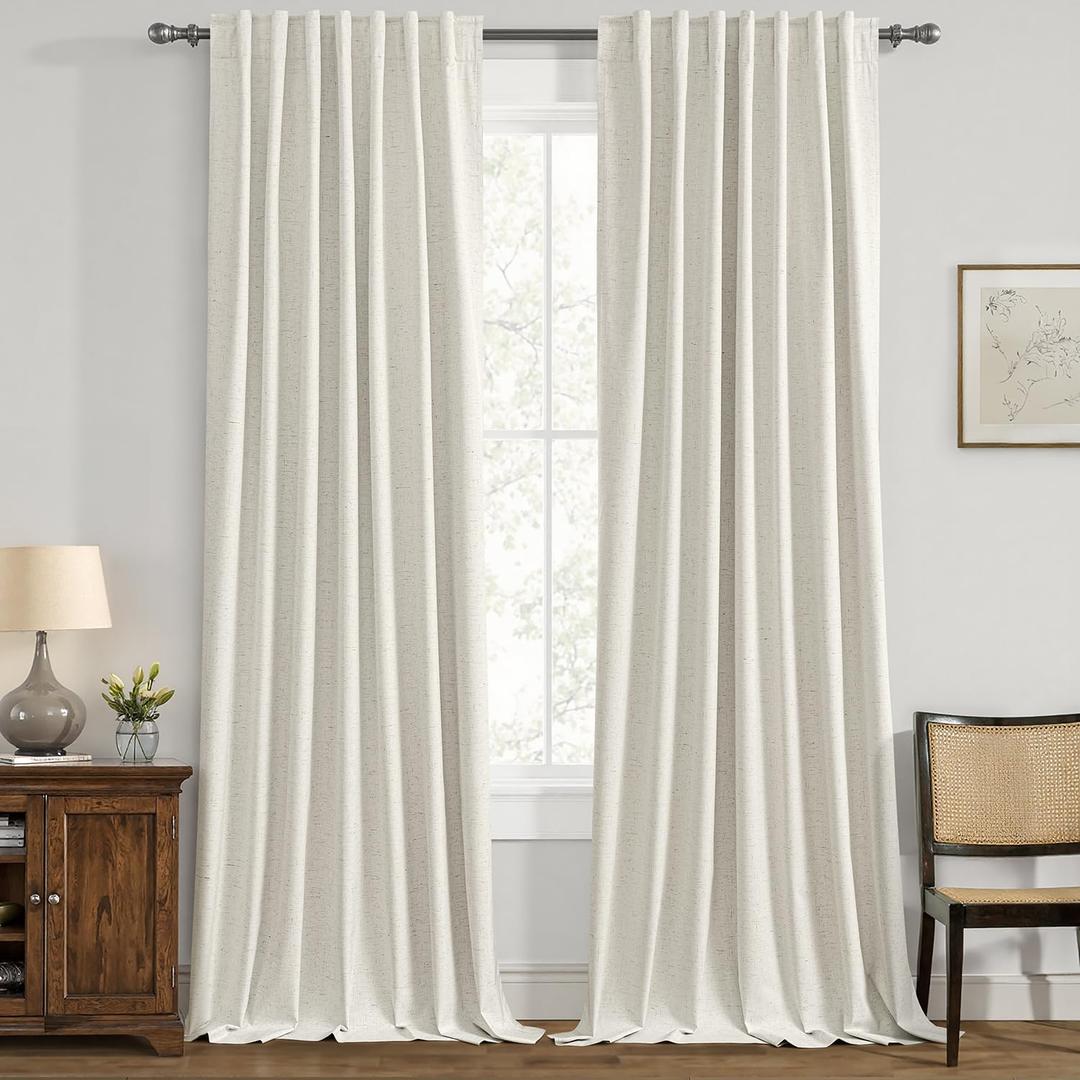 ANRODUO Ivory White 100% Blackout Linen Curtains 96 Inch Length 2 Panels, Back Tab/Rod Pocket Blackout Curtains Full Black Out Thermal Curtain for Summer Heat, Farmhouse Room Darkening Curtain Bedroom