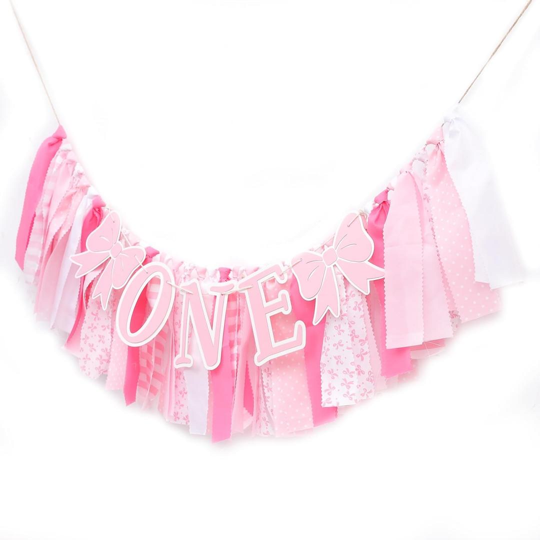 Pink Bowknot High chair Banner - Bow One Birthday Banner, Pink White Bow Party Supplies, Girl First Birthday Decor, Coquette Themed Bow Tie Party Decoration