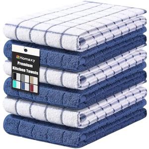 Homaxy Premium Cotton Kitchen Towels 16"x 28", Large Natural Ring Spun 390 GSM Dish Towels, Super Absorbent Terry Kitchen Hand Towels, Soft Tea Towel with Hanging Loop, Navy Blue Check Design, 6 Pack