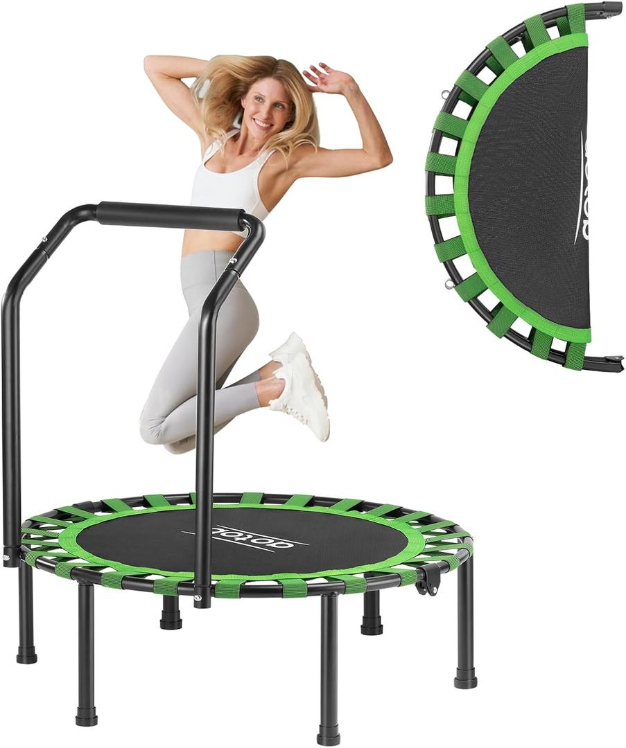 AOTOB 40" Fitness Trampoline for Adult, Max Load 450 LBS, Foldable Mini Trampoline with Durable Bungees,Small Rebounder Exercise Trampoline with Bar for Workout for Quiet & Safely Cushioned Bounce (Green)