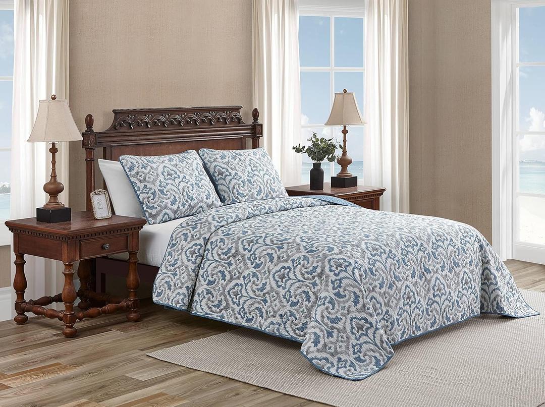 Tommy Bahama Home Quilt Set Reversible Cotton Bedding with Matching Shams, All Season Home Decor, Queen, Cape Verde Smoke Grey/Blue Tommy Bahama Home Quilt Set Reversible Cotton Bedding with Matching Shams, All Season Home Decor, Queen, Cape Verde Smoke Grey/Blue