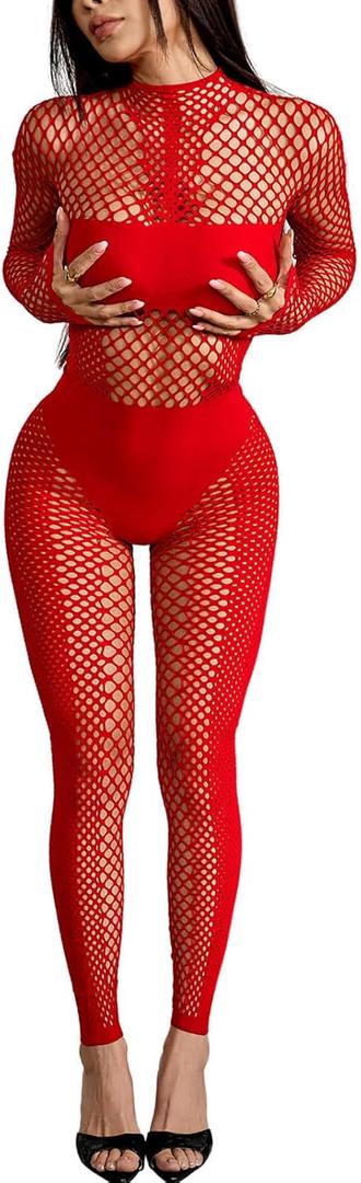 Sexy Fishnet Jumpsuit for Women Long Sleeve See Through Mesh Bodysuit Clubwear One Piece Stretchy Outfit (Small-Medium, Red)