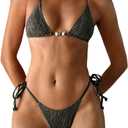 RoseSeek Women's 2 Piece Lace Floral Beaded Bikini Sets Spaghetti Strap Halter Bras with Tie String Thongs Swimsuits (L)