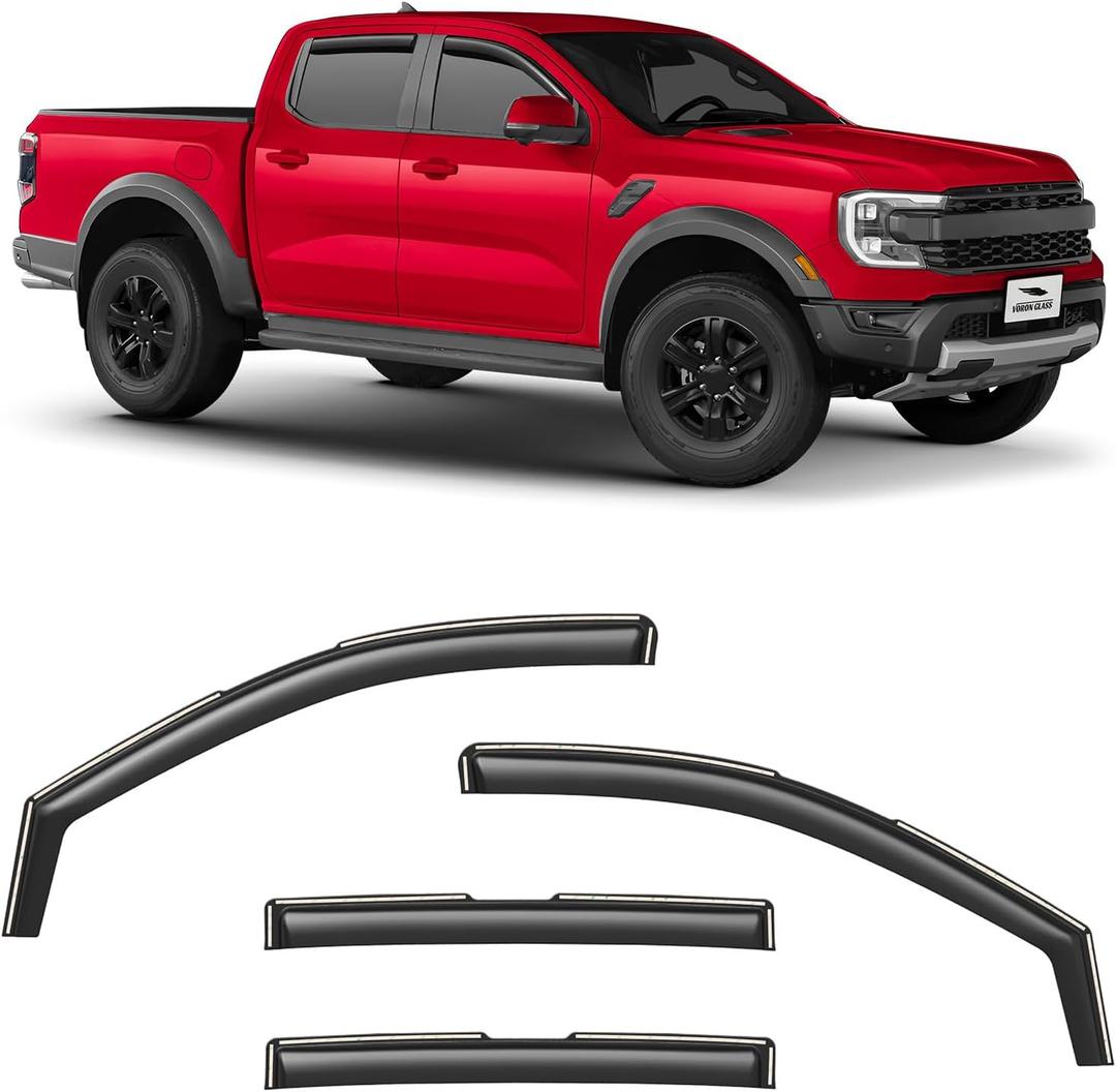 Voron Glass in-Channel Extra Durable Rain Guards for Ford Ranger 2024-2025 SuperCrew, Window Deflectors, Vent Window Visors, 4 Pieces - 200645